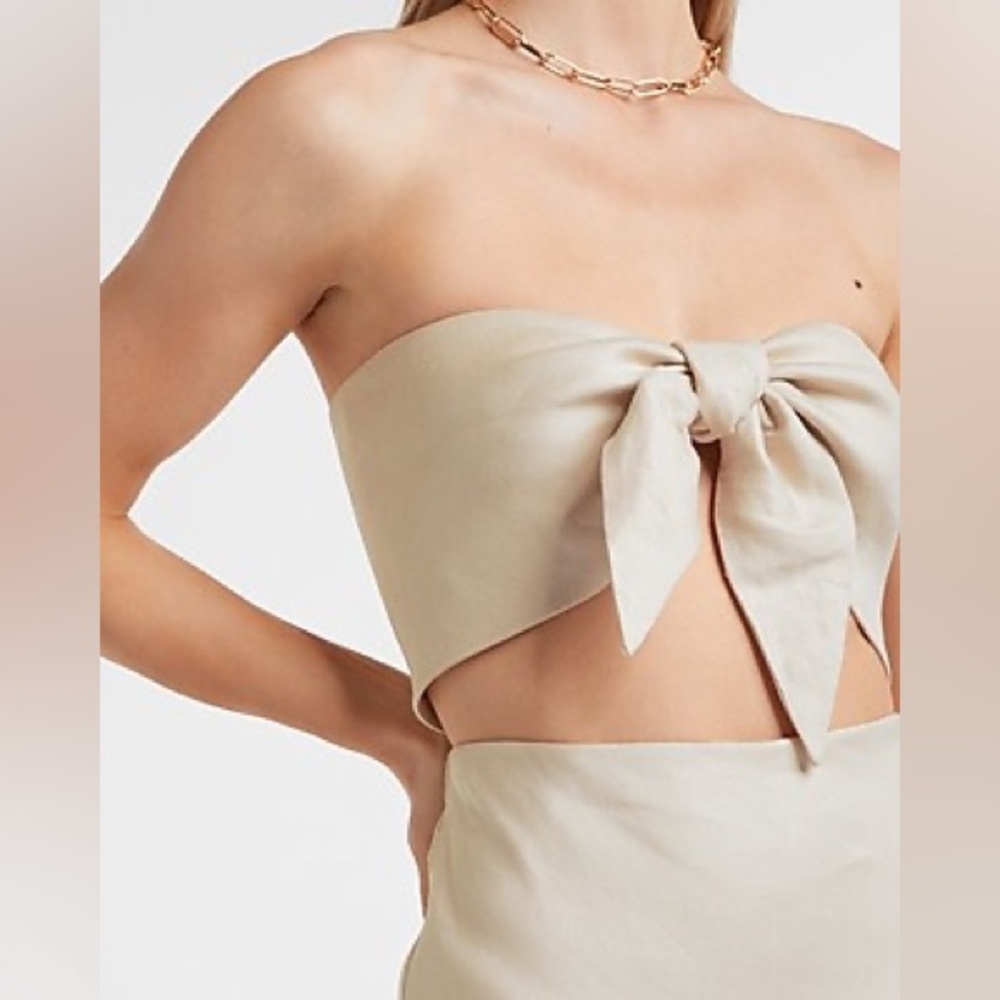 Express Linen Blend Tie Front Crop Top in White